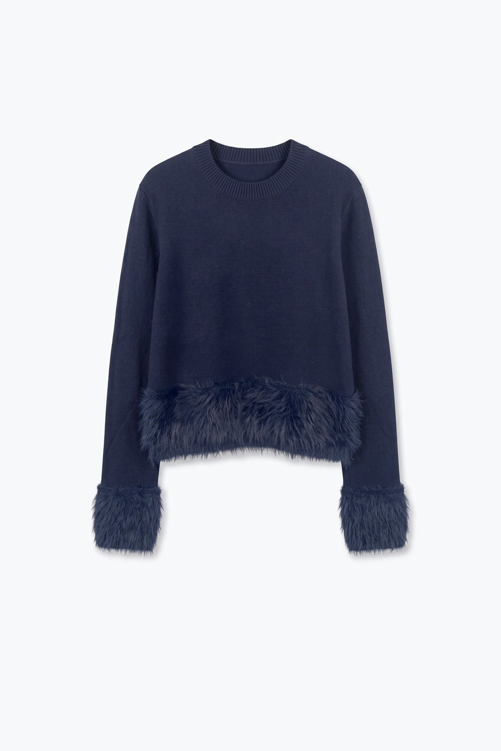 Navy Fine Knit Crew Neck Faux Fur Trim Cropped Sweater - Jumpers