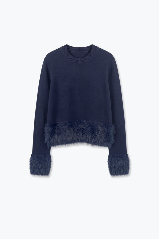 Navy Fine Knit Crew Neck Faux Fur Trim Cropped Sweater - Jumpers