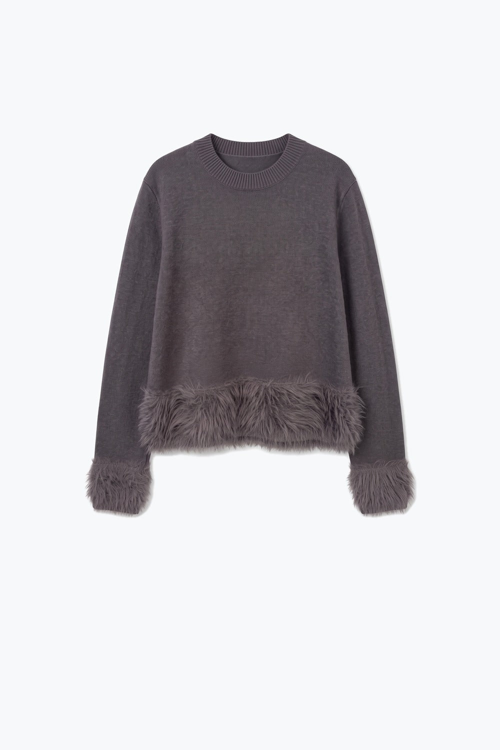 Grey Fine Knit Faux Fur Trim Crew Neck Sweater - Jumpers