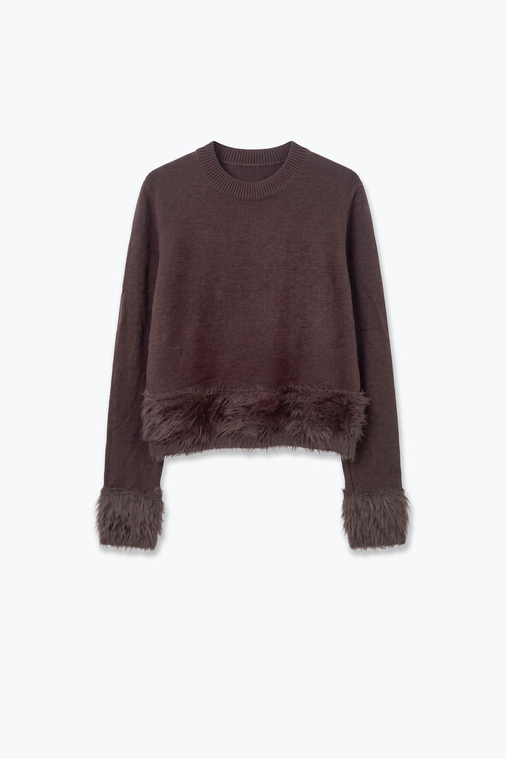 Brown Soft Knit Faux Fur Trim Cropped Sweater - Jumpers