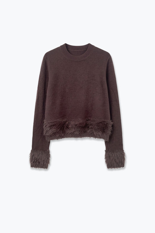 Brown Soft Knit Faux Fur Trim Cropped Sweater - Jumpers