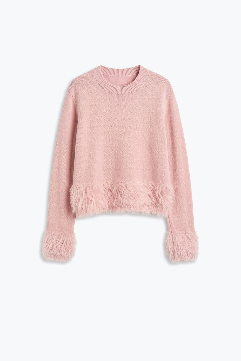 Light Pink Soft Knit Faux Fur Trim Cropped Sweater - Jumpers