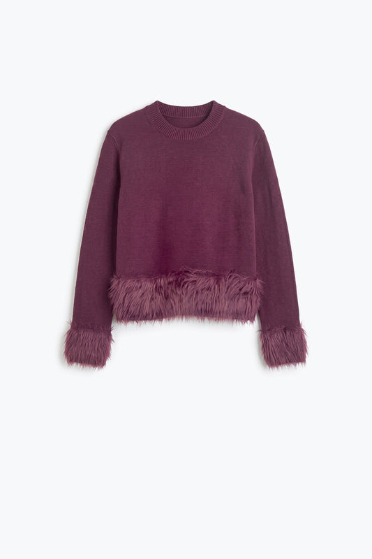 Wine Soft Knit Faux Fur Trim Cropped Crewneck Sweater - Jumpers