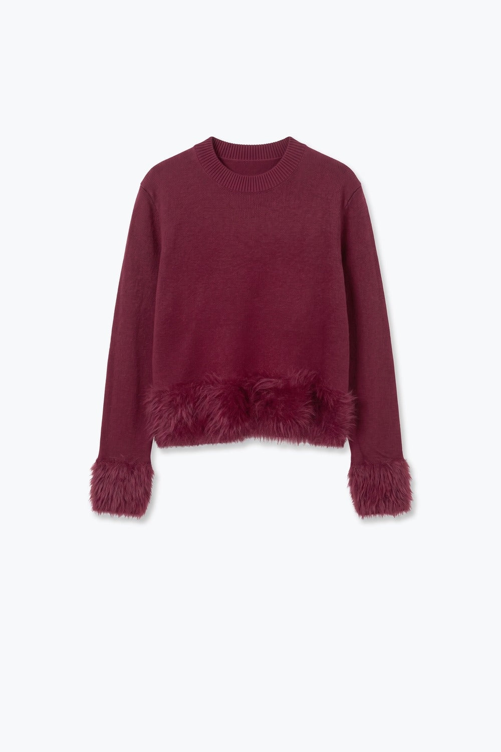 Burgundy Soft Knit Faux Fur Trim Cropped Sweater - Jumpers