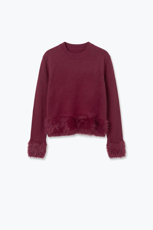 Burgundy Soft Knit Faux Fur Trim Cropped Sweater - Jumpers