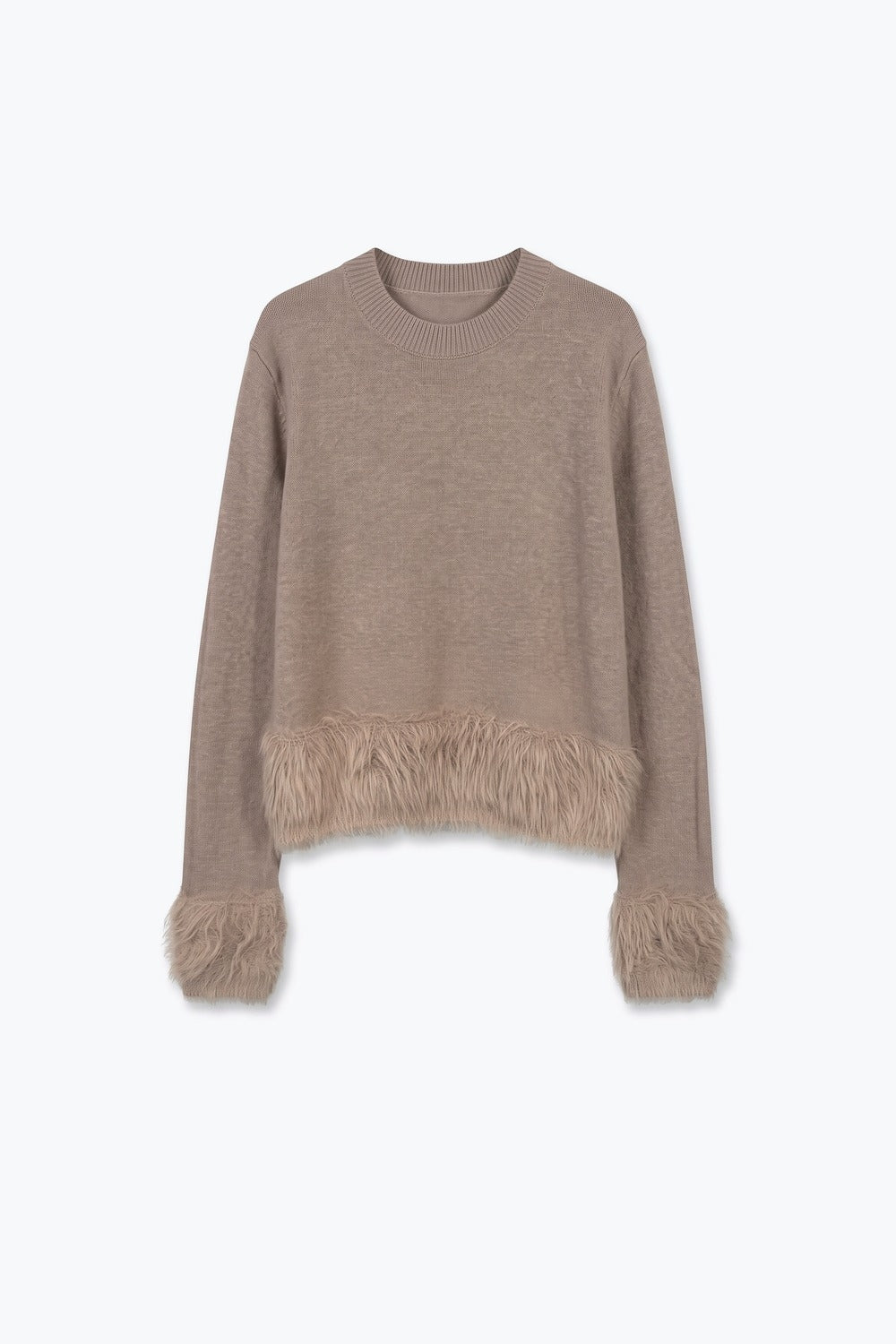 Beige Fine Knit Faux Fur Trim Crew Neck Sweater - Jumpers