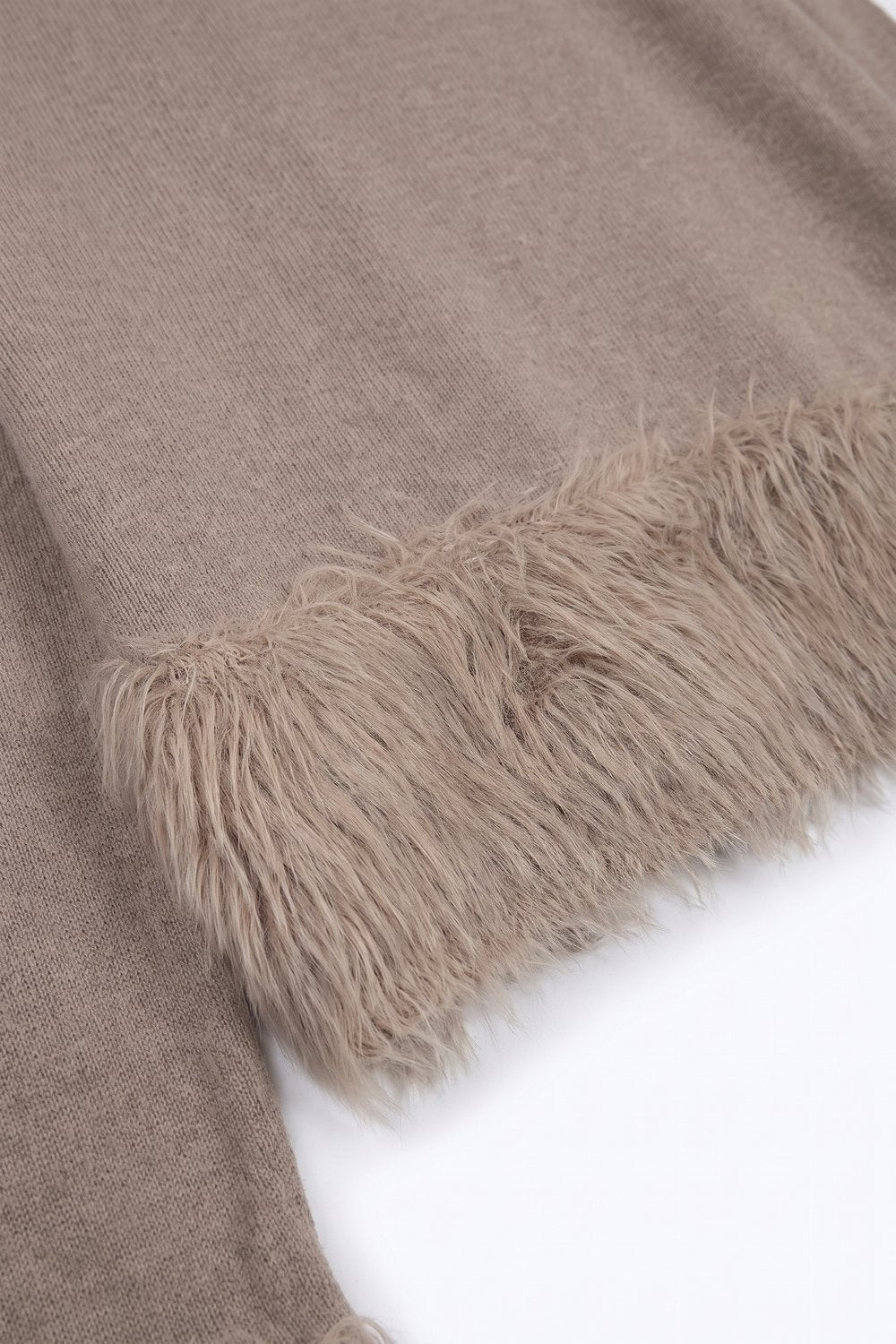 Beige Fine Knit Faux Fur Trim Crew Neck Sweater - Jumpers
