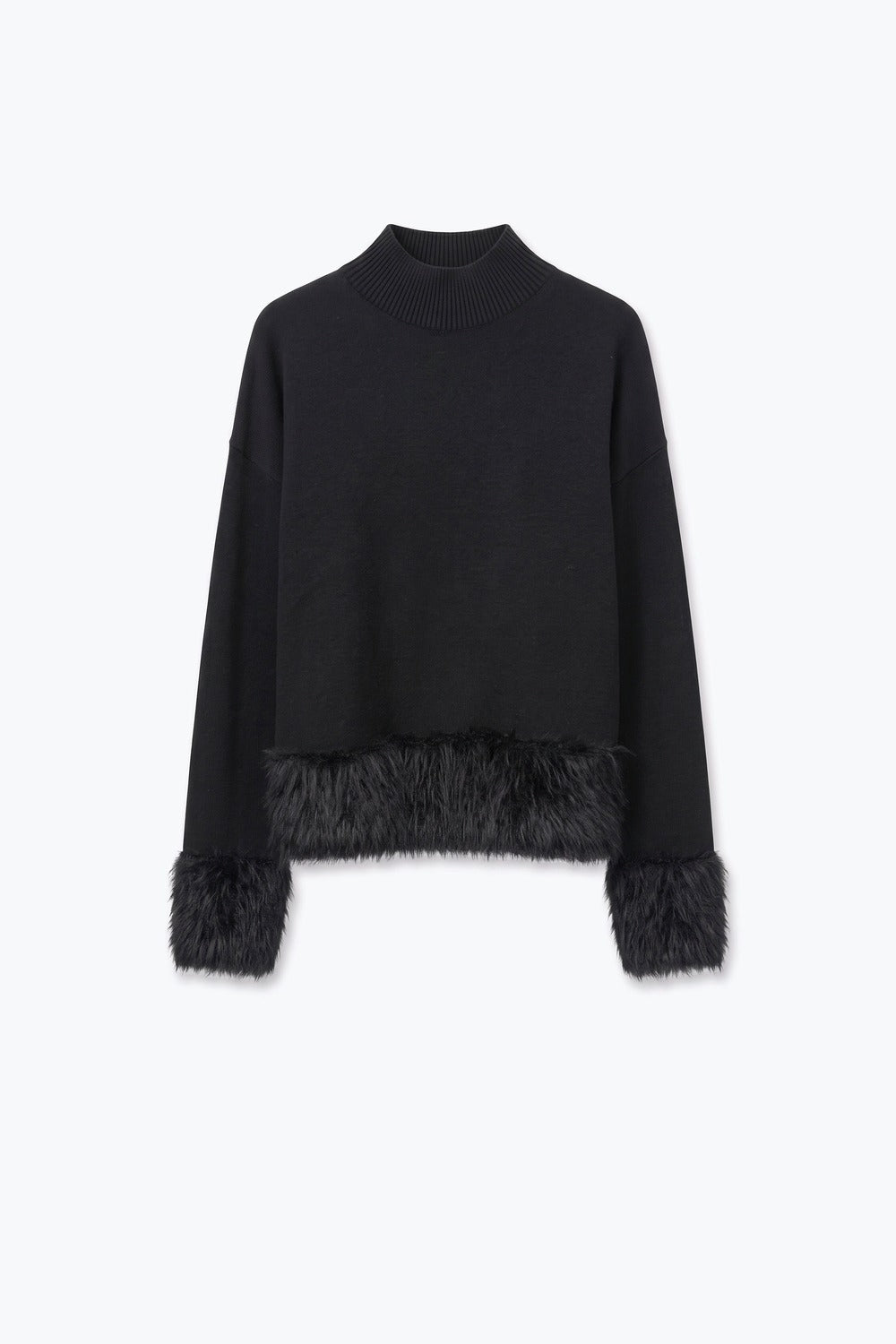 Black Soft Knit Faux Fur Trim Mock Neck Sweater - Jumpers