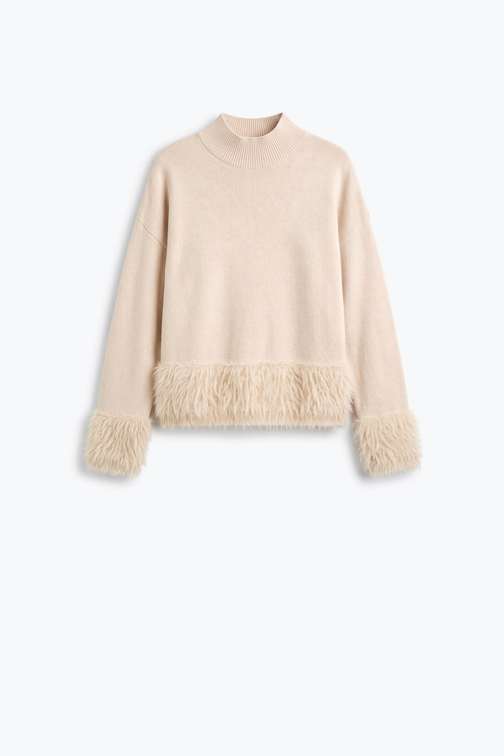 Cream Soft Knit Mock Neck Faux Fur Trim Sweater - Jumpers