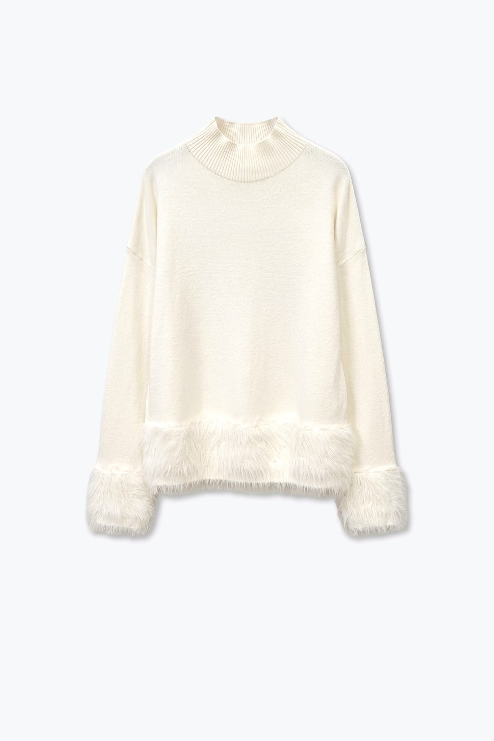 Cream Soft Knit Faux Fur Trim Turtleneck Sweater - Jumpers