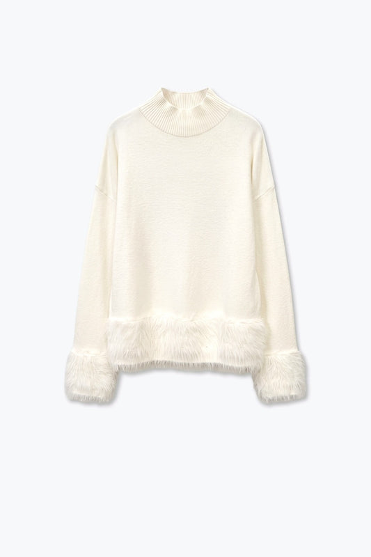 Cream Soft Knit Faux Fur Trim Turtleneck Sweater - Jumpers