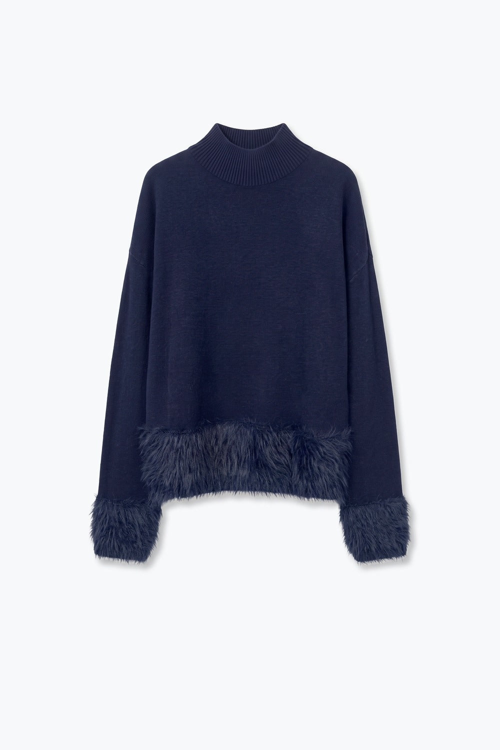 Navy Soft Knit Faux Fur Trim Turtleneck Sweater - Jumpers