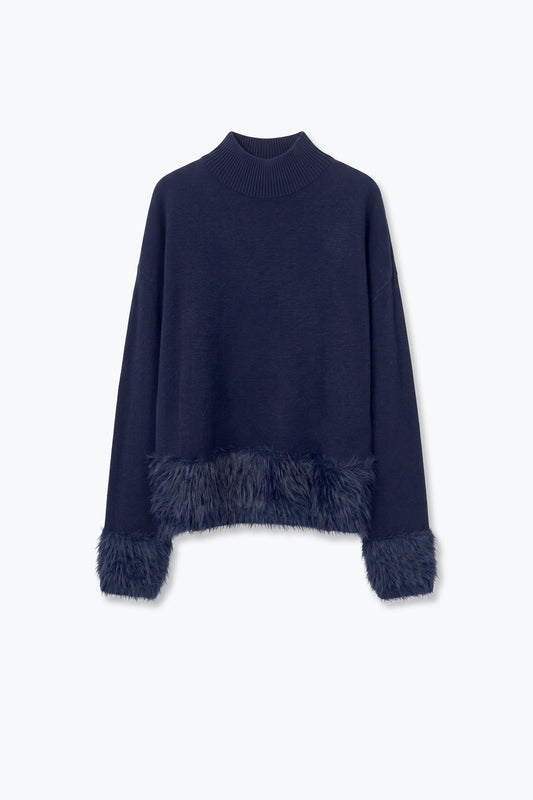 Navy Soft Knit Faux Fur Trim Turtleneck Sweater - Jumpers