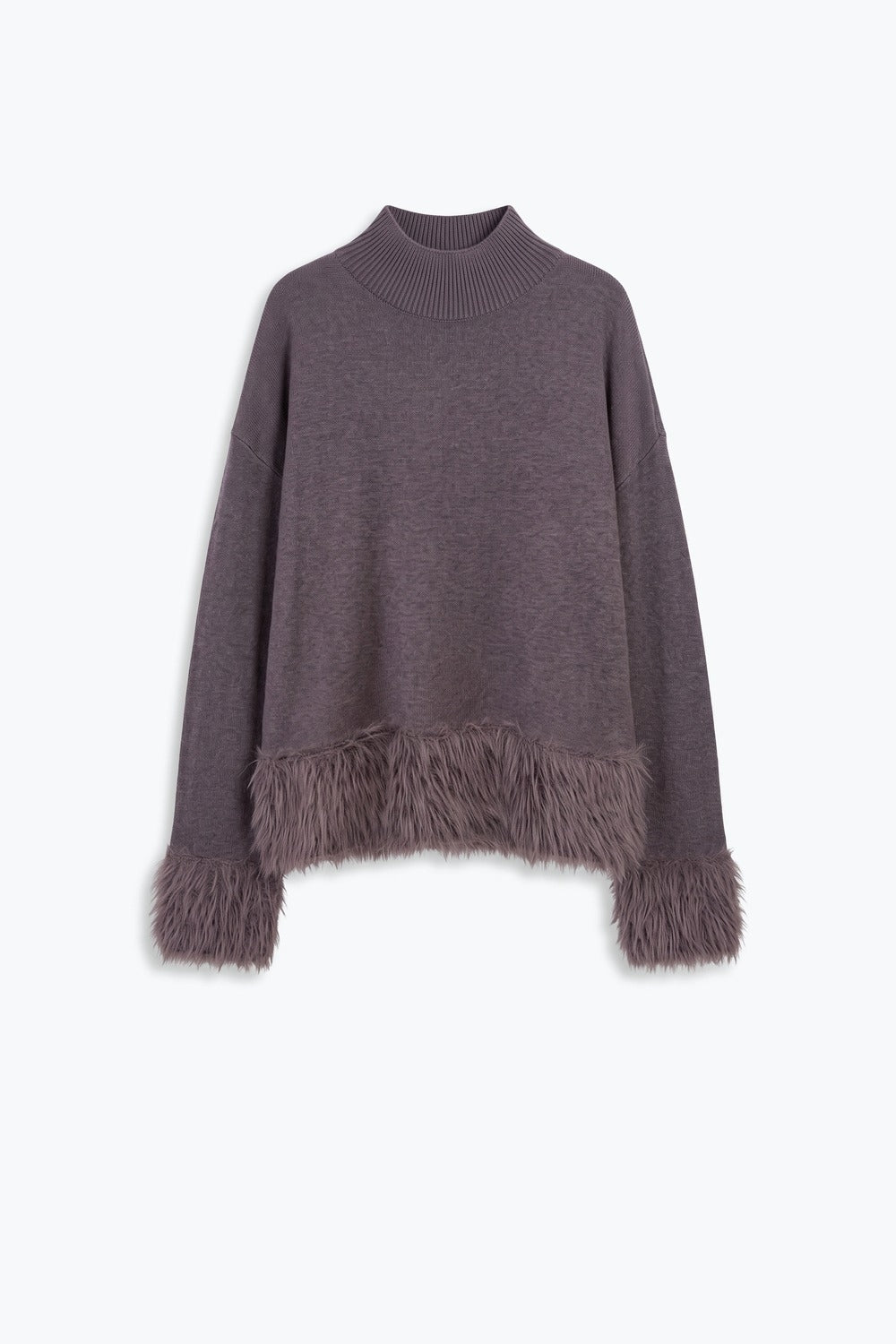 Grey Fine Knit Mock Neck Fringe Trim Sweater - Jumpers