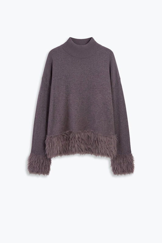 Grey Fine Knit Mock Neck Fringe Trim Sweater - Jumpers