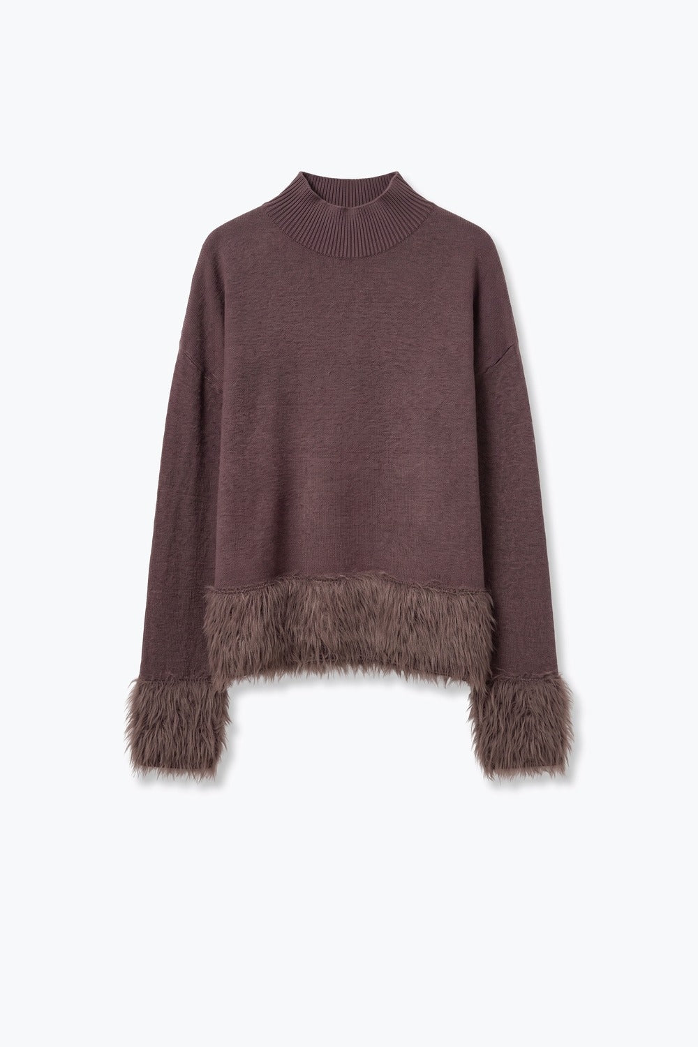 Brown Soft Knit Faux Fur Trim Turtleneck Sweater - Jumpers