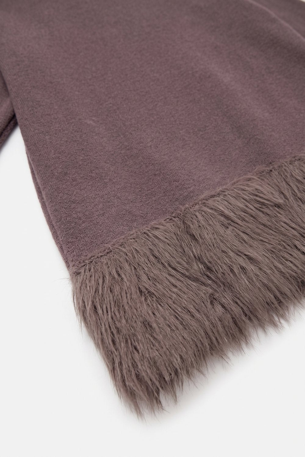 Brown Soft Knit Faux Fur Trim Turtleneck Sweater - Jumpers