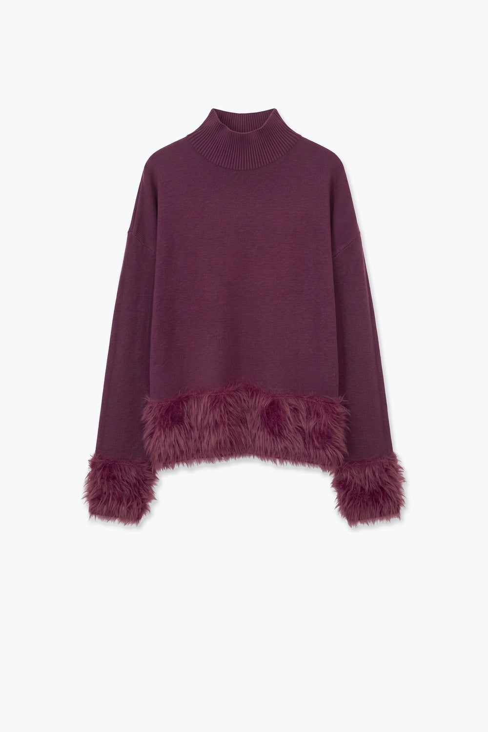 Burgundy Soft Knit Faux Fur Trim Turtleneck Cropped Sweater - Jumpers