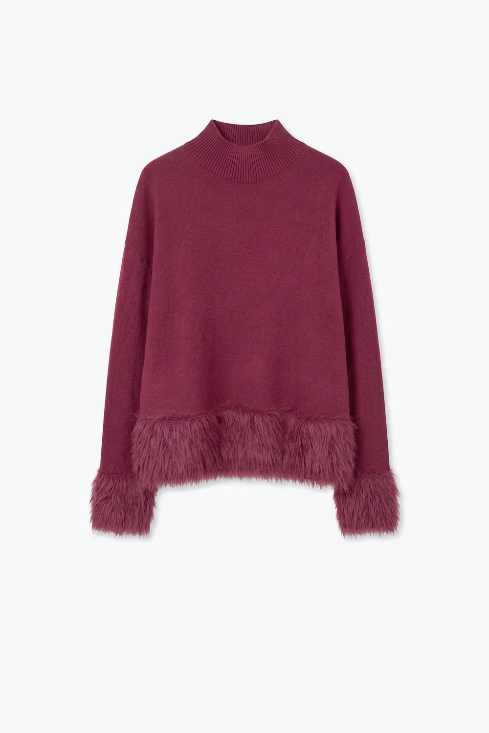 Wine Soft Knit Faux Fur Trim Turtleneck Sweater - Jumpers