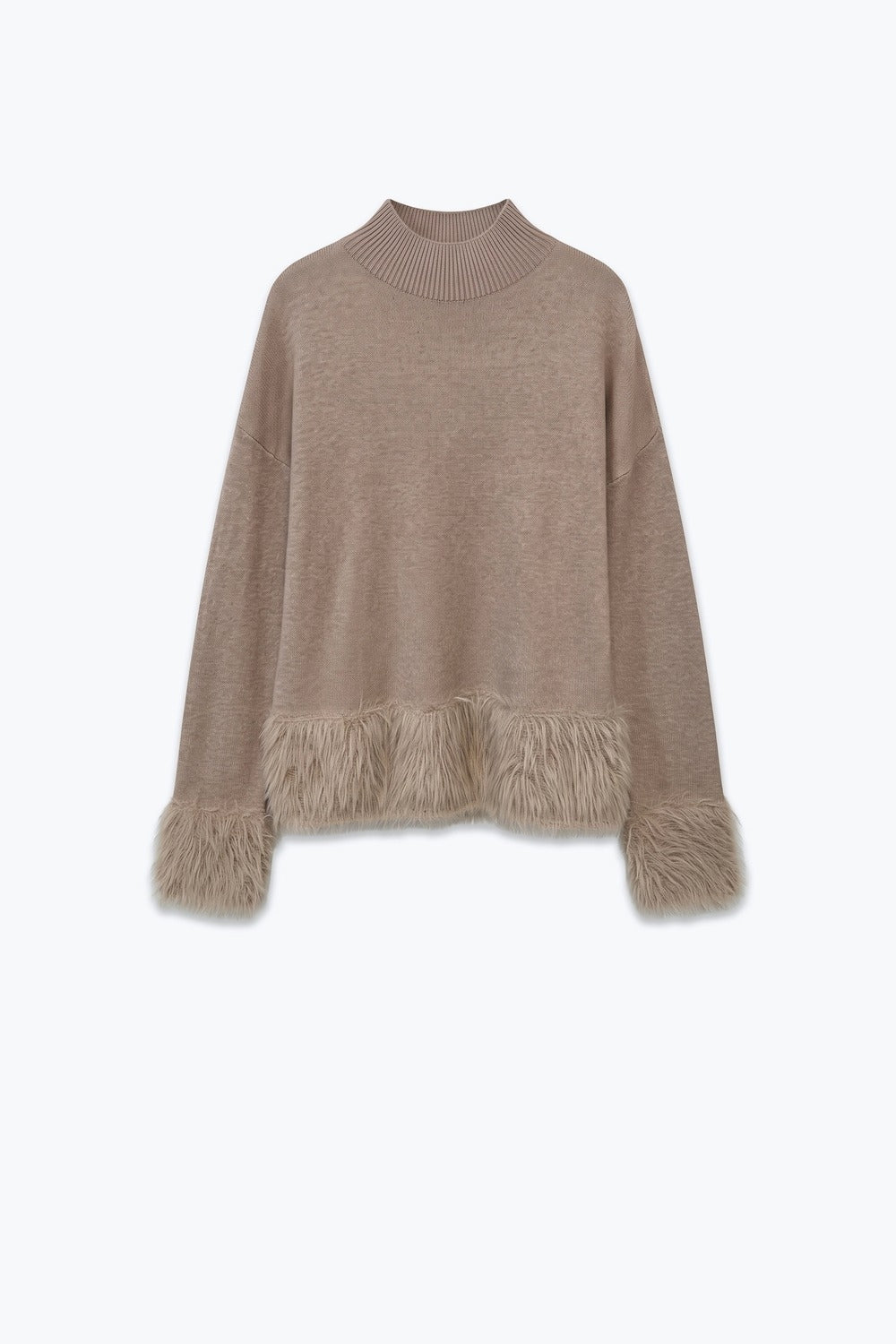 Beige Soft Knit Faux Fur Trim Mock Neck Sweater - Jumpers