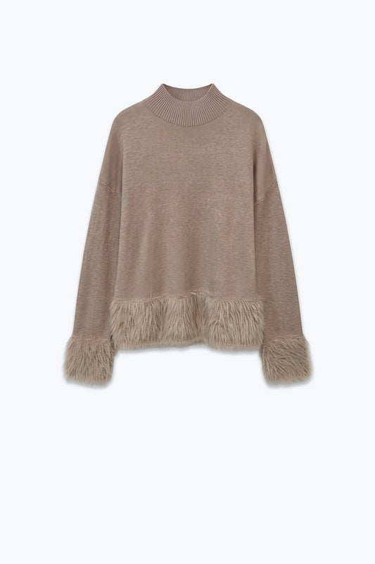 Beige Soft Knit Faux Fur Trim Mock Neck Sweater - Jumpers