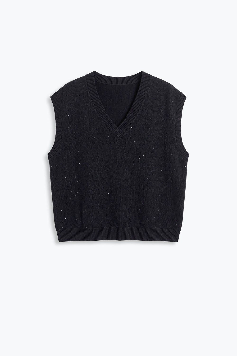 Black Soft Knit V Neck Rib Trim Vest with sequin embellished - Tops