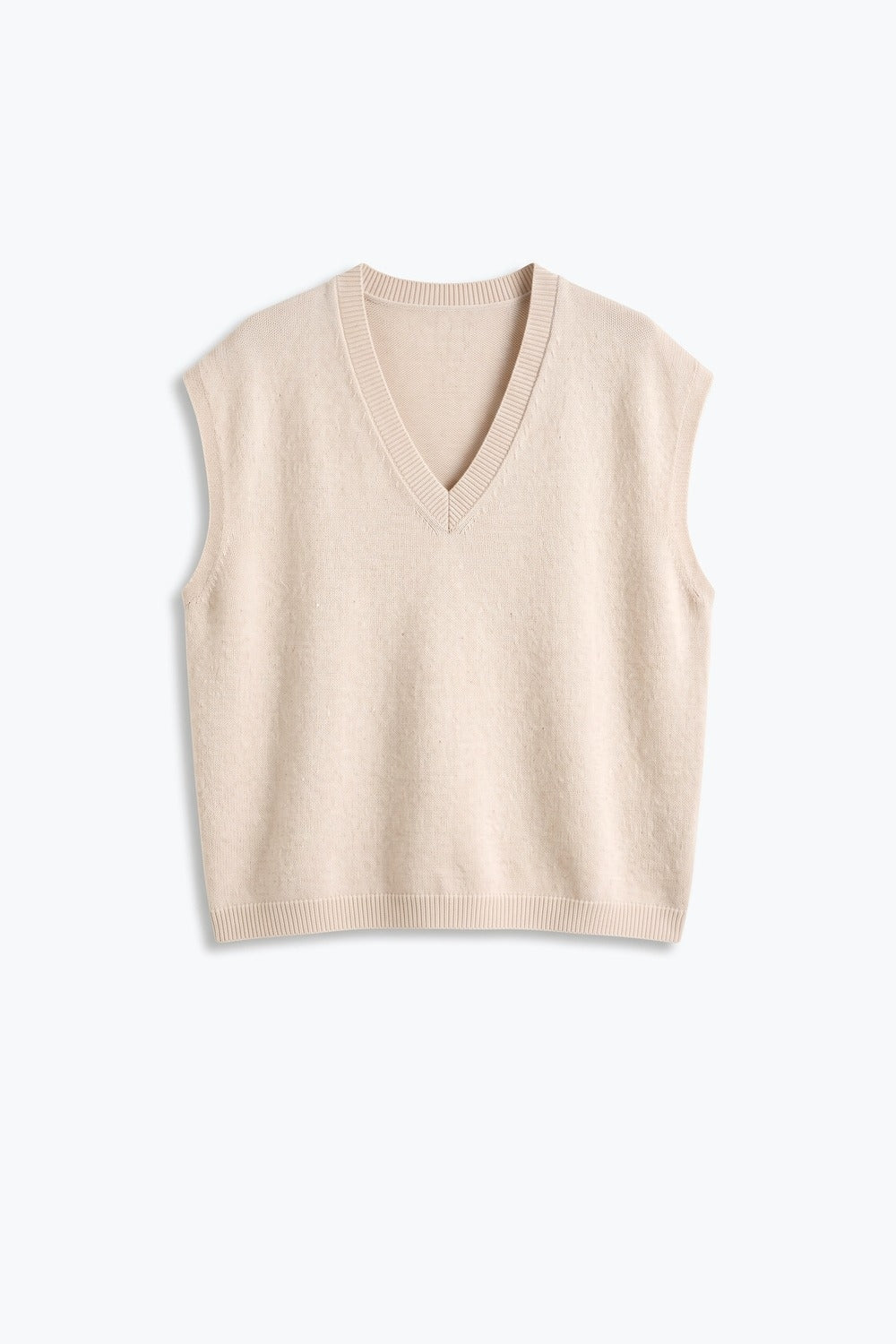 Beige Fine Knit V Neck Ribbed Trim Sleeveless Vest with sequin embellished - Tops