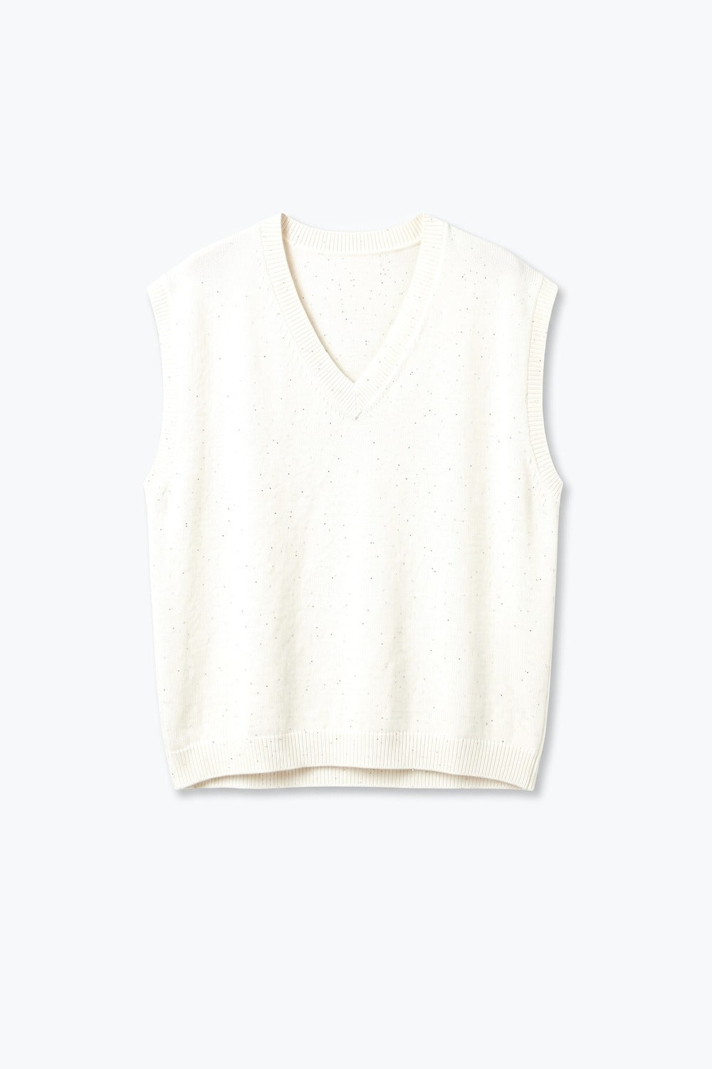 Cream Flecked Fine Knit V Neck Sleeveless Vest with sequin embellished - Tops