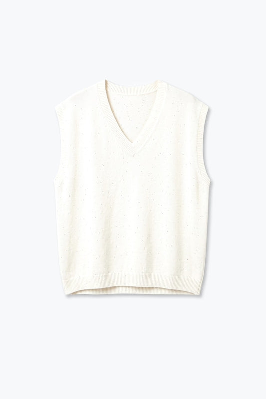 Cream Flecked Fine Knit V Neck Sleeveless Vest with sequin embellished - Tops