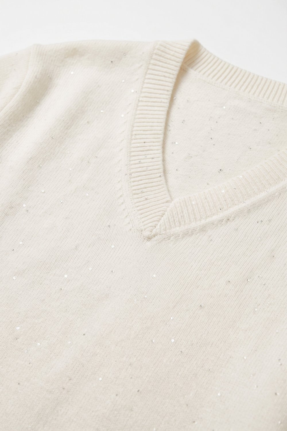 Cream Flecked Fine Knit V Neck Sleeveless Vest with sequin embellished - Tops