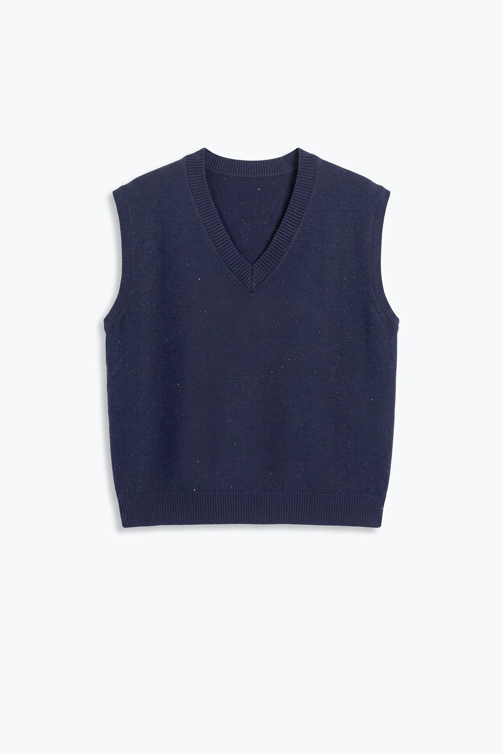 Navy Fine Knit V Neck Rib Trim Vest with sequin embellished - Tops