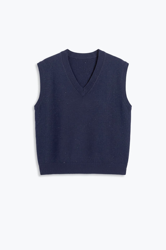 Navy Fine Knit V Neck Rib Trim Vest with sequin embellished - Tops
