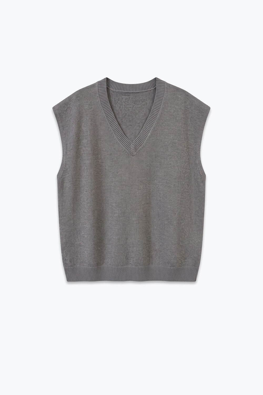 Grey Fine Knit V Neck Ribbed Trim Vest with sequin embellished - Tops