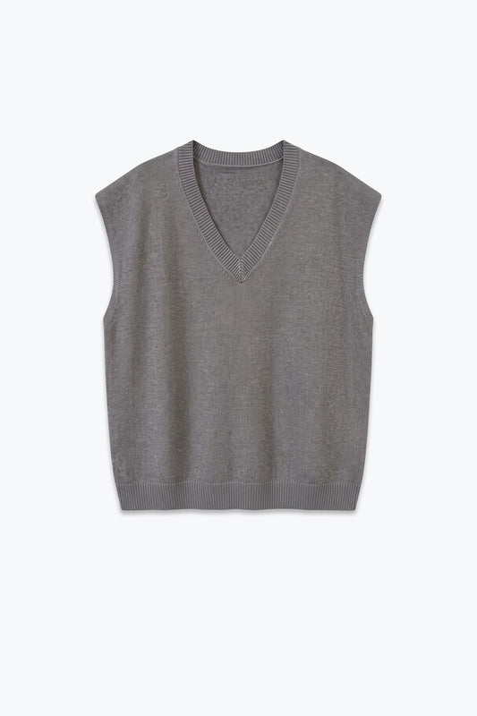 Grey Fine Knit V Neck Ribbed Trim Vest with sequin embellished - Tops
