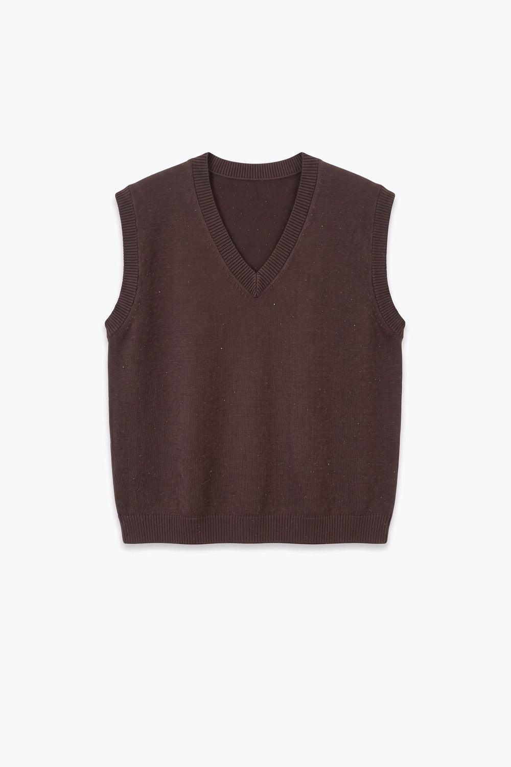 Brown Fine Knit V Neck Ribbed Trim Vest with sequin embellished - Tops