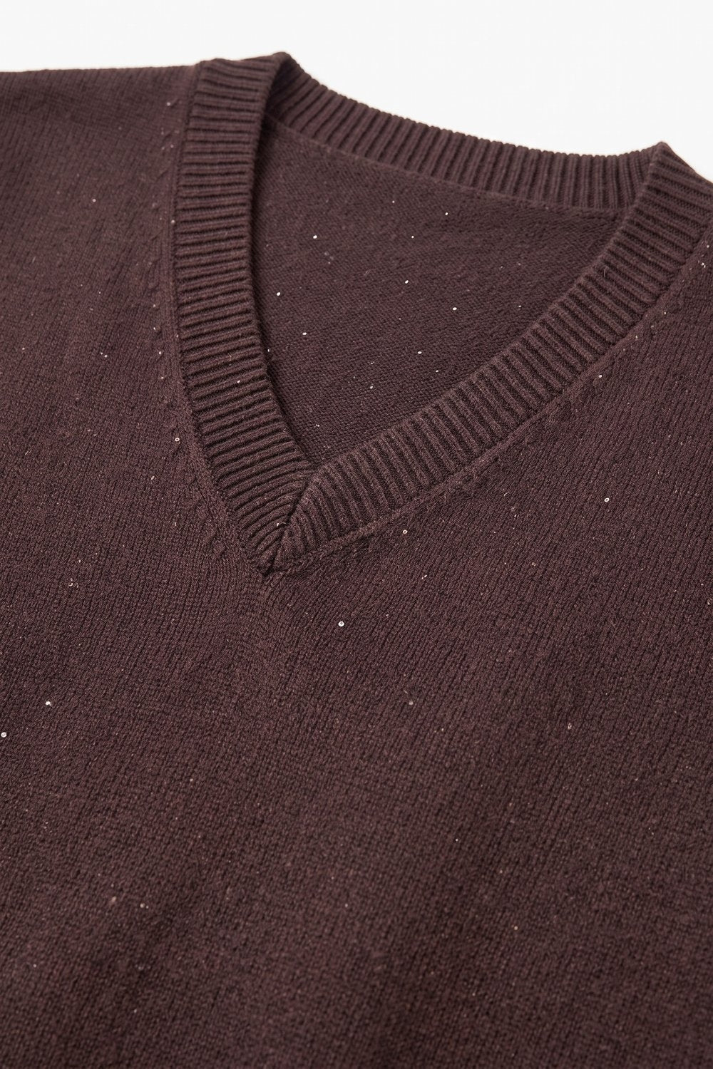 Brown Fine Knit V Neck Ribbed Trim Vest with sequin embellished - Tops