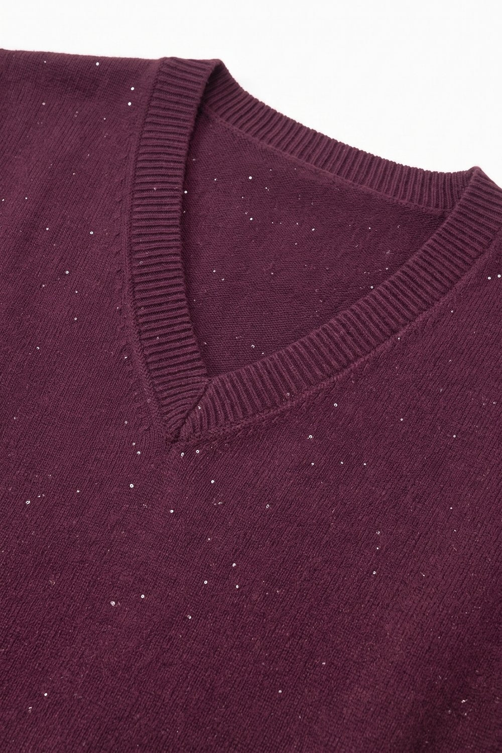 Purple Fine Knit Glitter V Neck Sleeveless Vest with sequin embellished - Tops