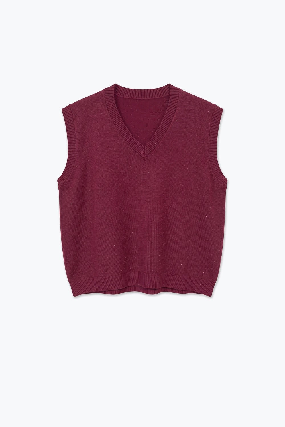 Burgundy Fine Knit V Neck Ribbed Trim Vest with sequin embellished - Tops