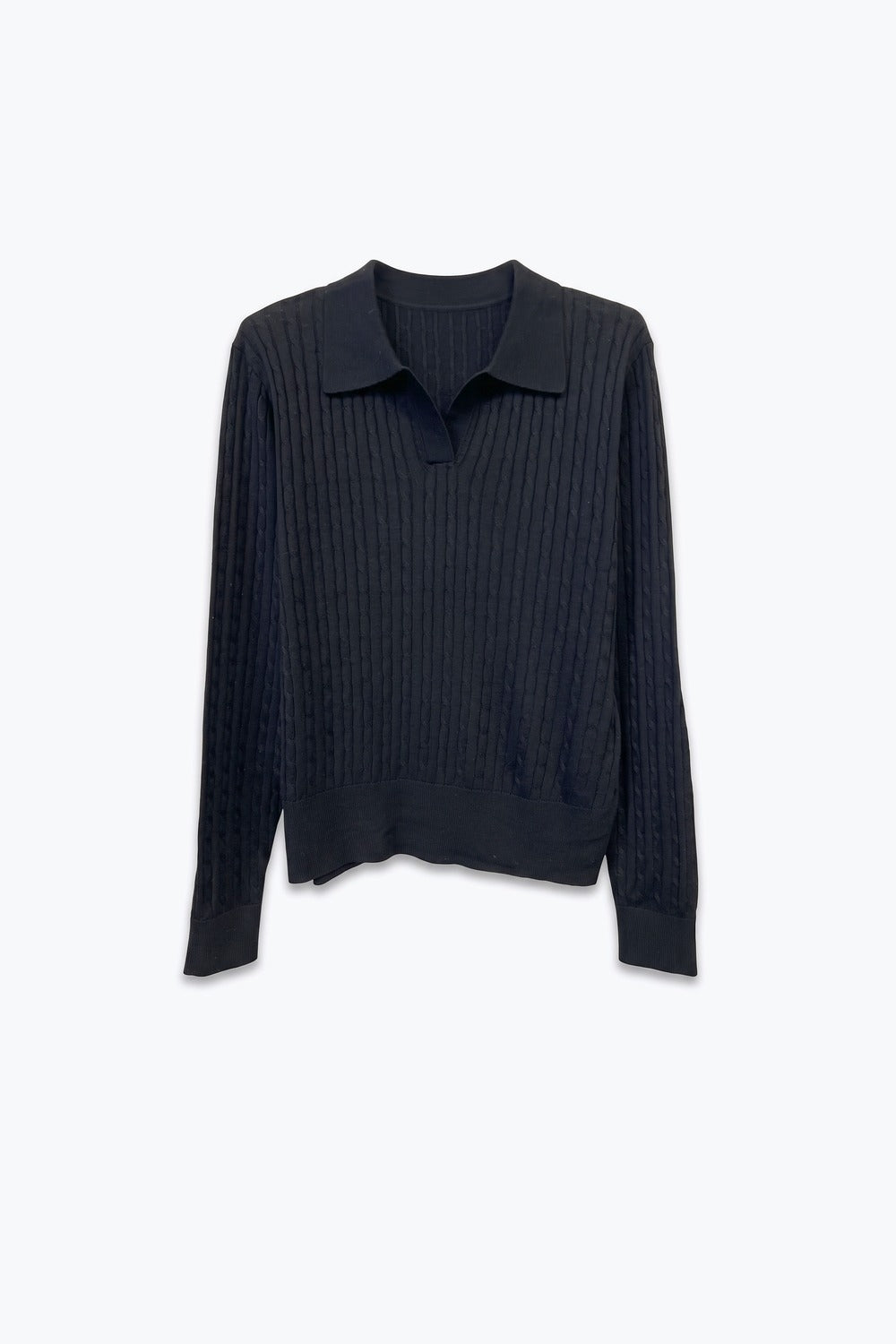 Black Merino Wool Blend Cable Knit Polo Collar Ribbed Trim Sweater - Polos