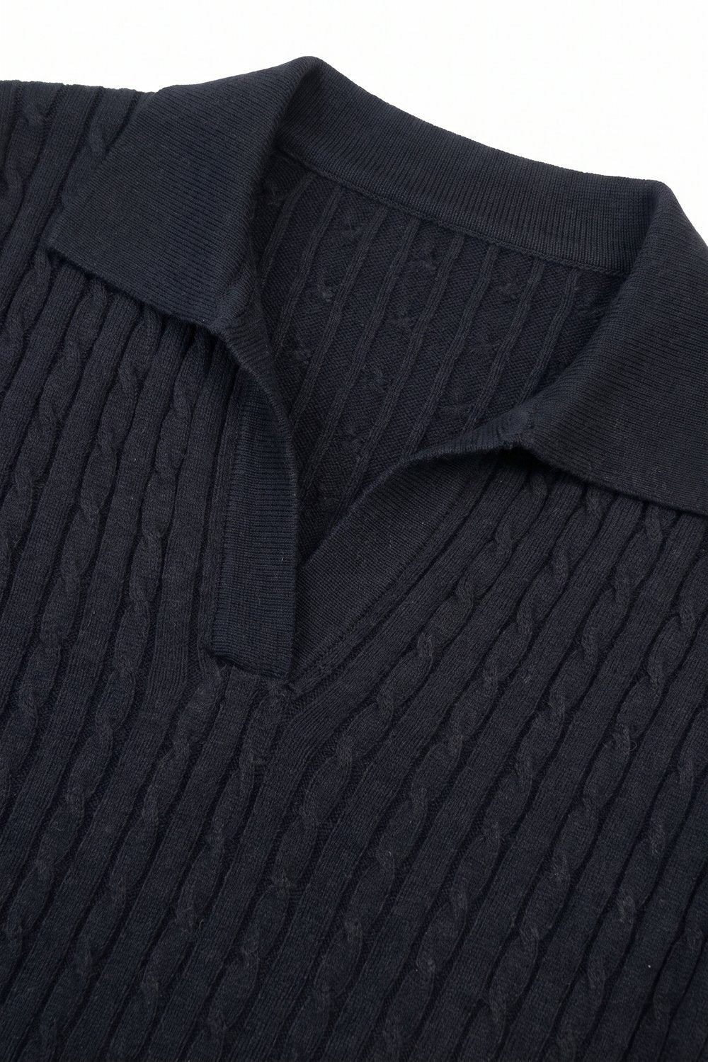 Black Merino Wool Blend Cable Knit Polo Collar Ribbed Trim Sweater - Polos