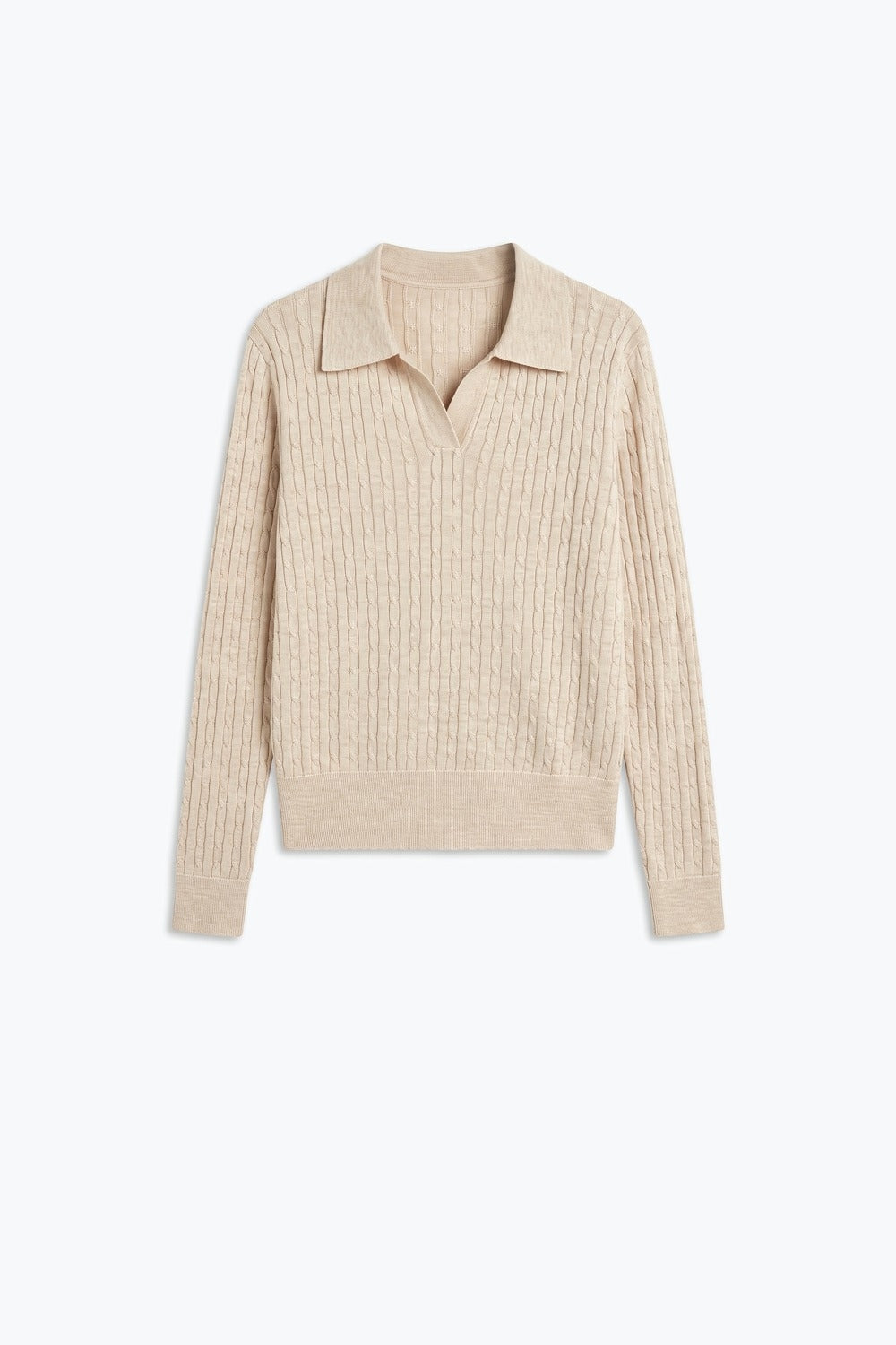 Beige Merino Wool Blend Cable Knit Polo Collar V Neck Long Sleeve Sweater - Polos