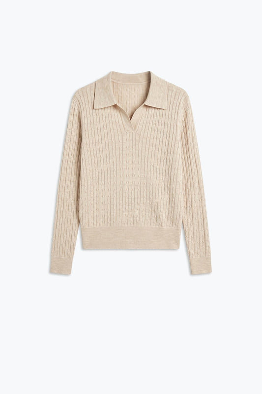 Beige Merino Wool Blend Cable Knit Polo Collar V Neck Long Sleeve Sweater - Polos