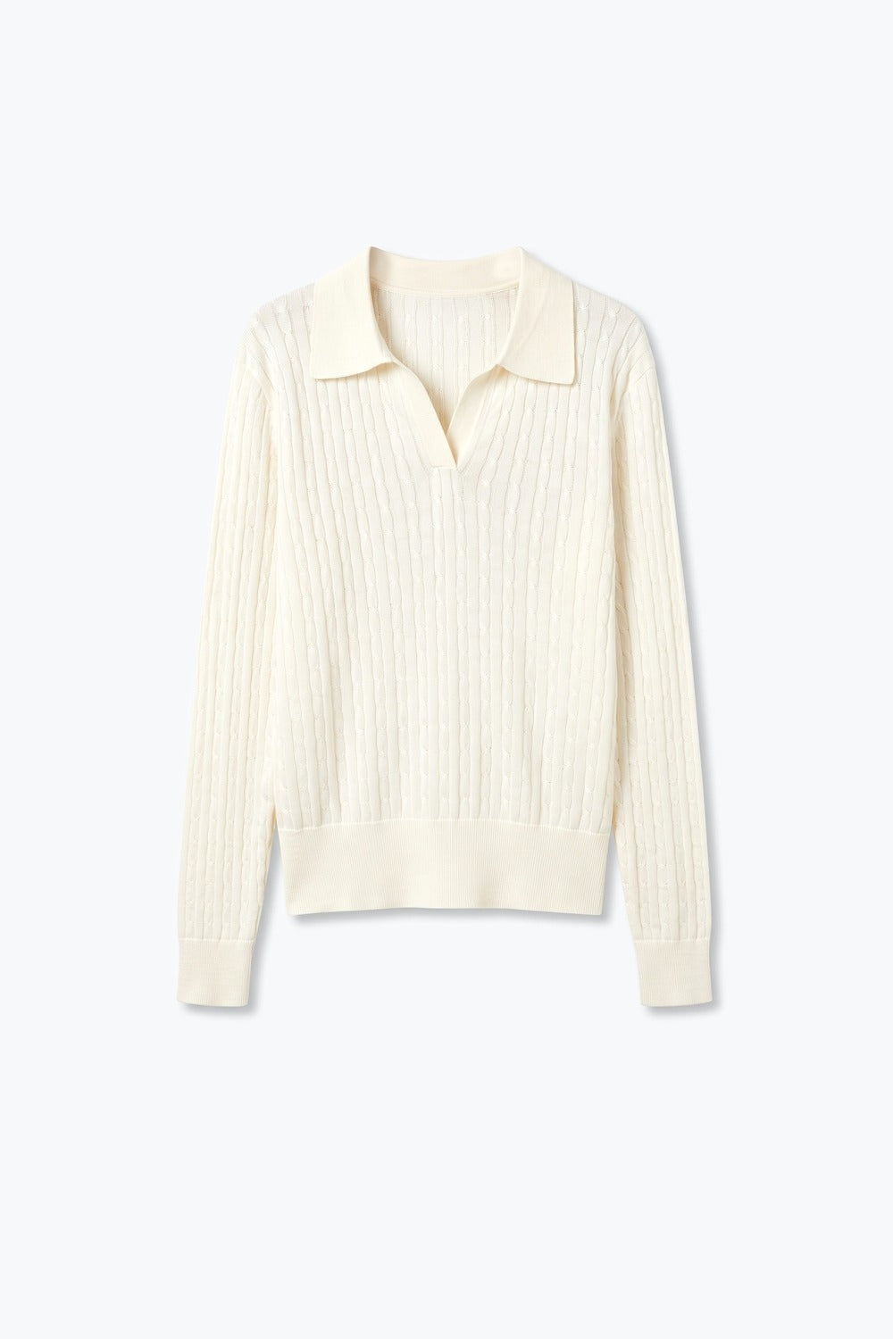 Cream Merino Wool Blend Cable Knit Polo Collar Ribbed Trim Sweater - Polos