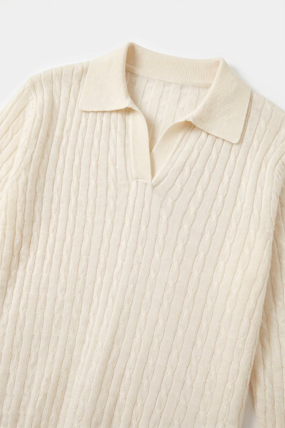 Cream Merino Wool Blend Cable Knit Polo Collar Ribbed Trim Sweater - Polos