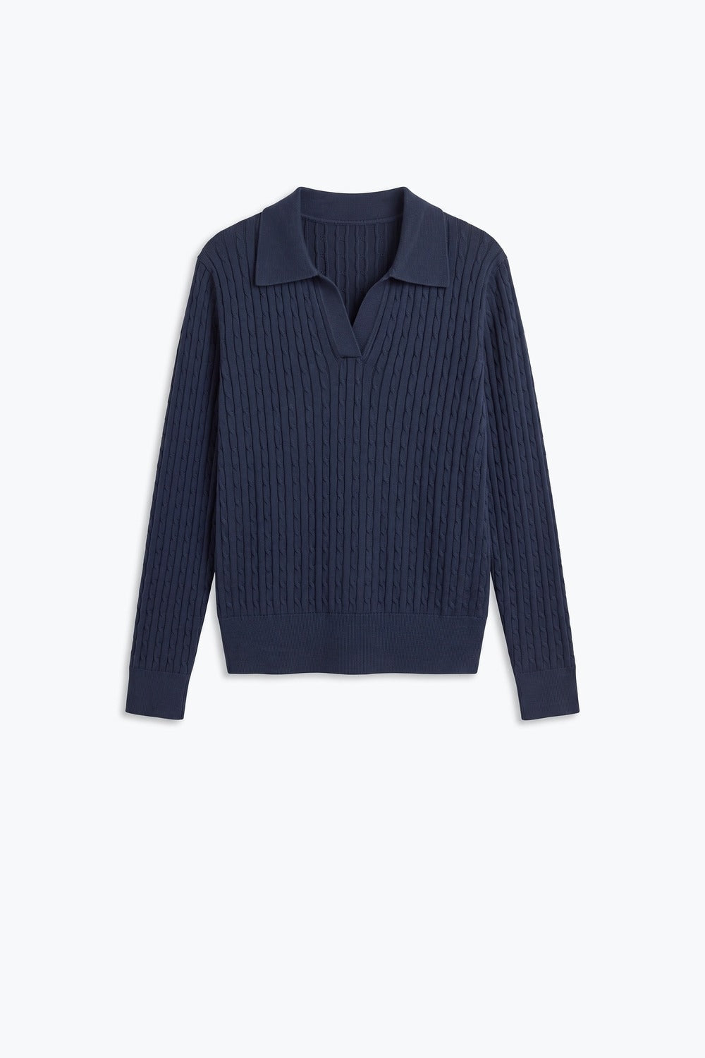 Navy Merino Wool Blend Ribbed Knit Polo Collar V Neck Sweater - Polos