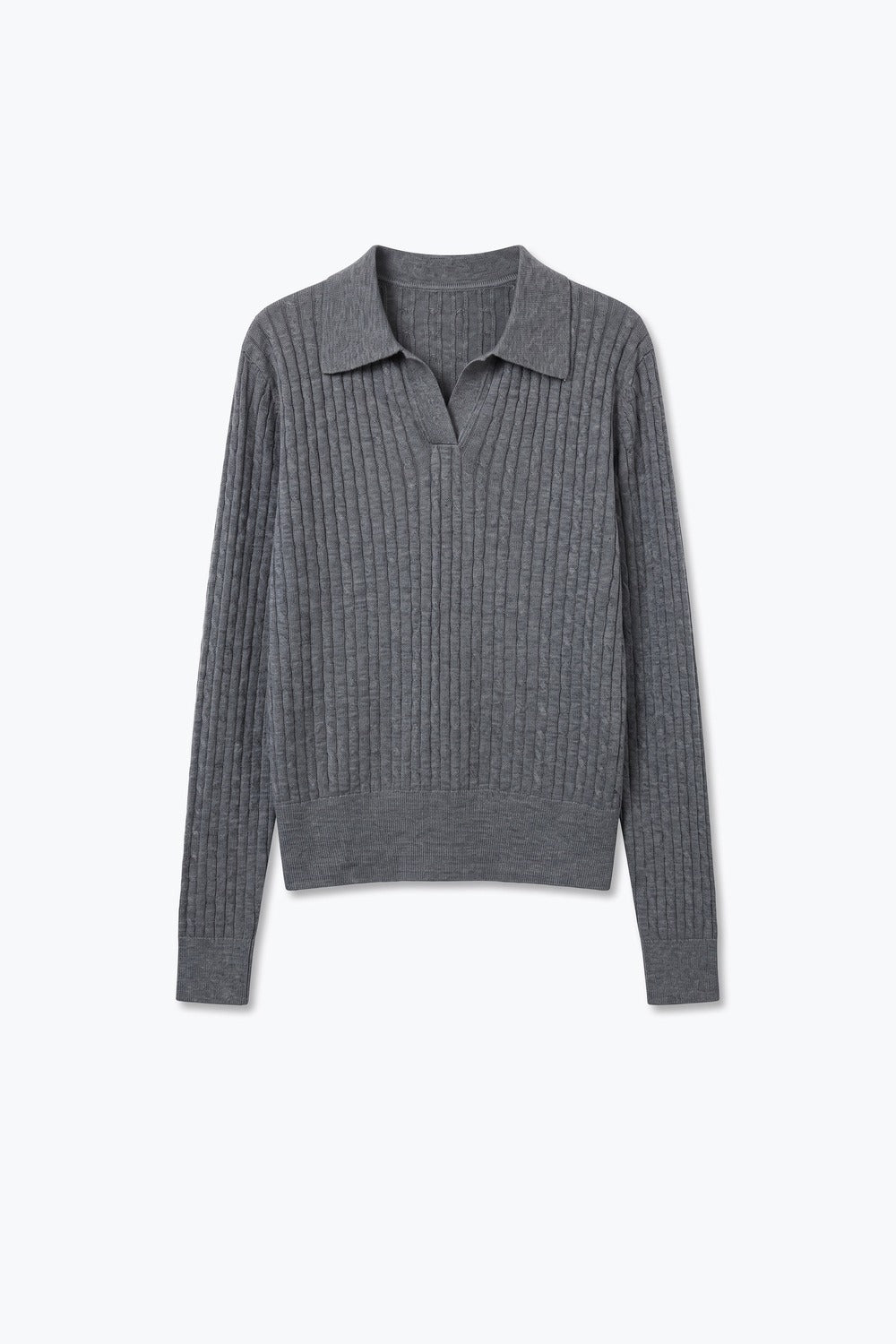 Grey Merino Wool Blend Ribbed Knit Polo Collar Open Placket Sweater - Polos