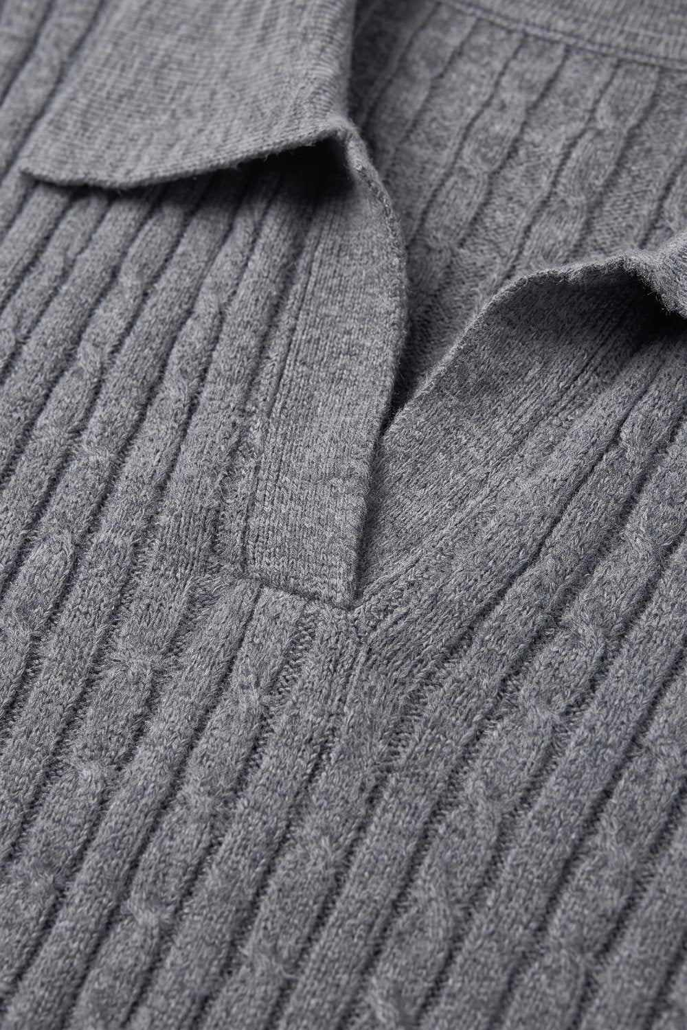 Grey Merino Wool Blend Ribbed Knit Polo Collar Open Placket Sweater - Polos