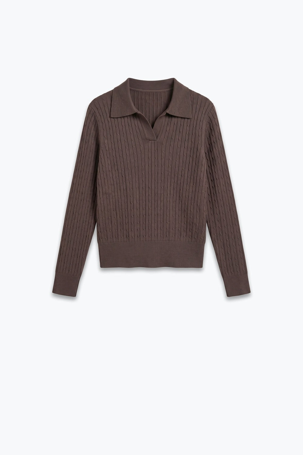 brown Merino Wool Blend Cable Knit Polo Collar Ribbed Trim Sweater - Polos