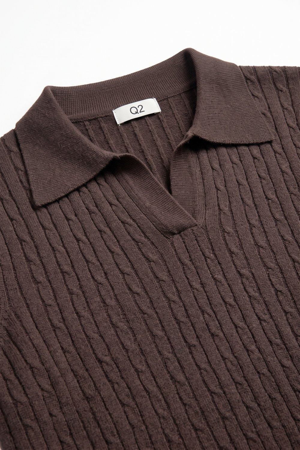 brown Merino Wool Blend Cable Knit Polo Collar Ribbed Trim Sweater - Polos