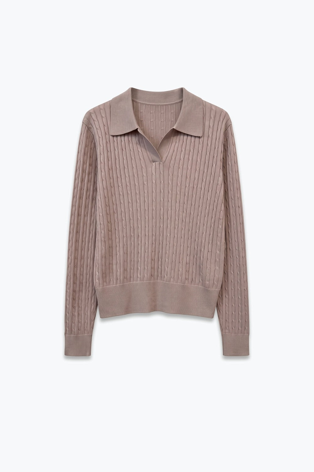 Pink Merino Wool Blend Cable Knit Polo Collar Ribbed Trim Sweater - Polos
